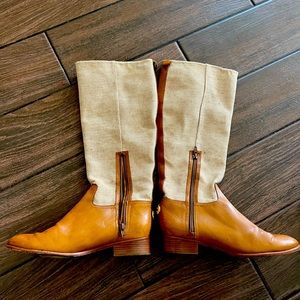 Woman’s size 8 Tory Burch riding boot beige leather and tweed fabric